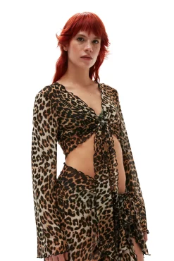 Shop GANNI Mesh-Uberwurf-Wickel-Minirock Leopard