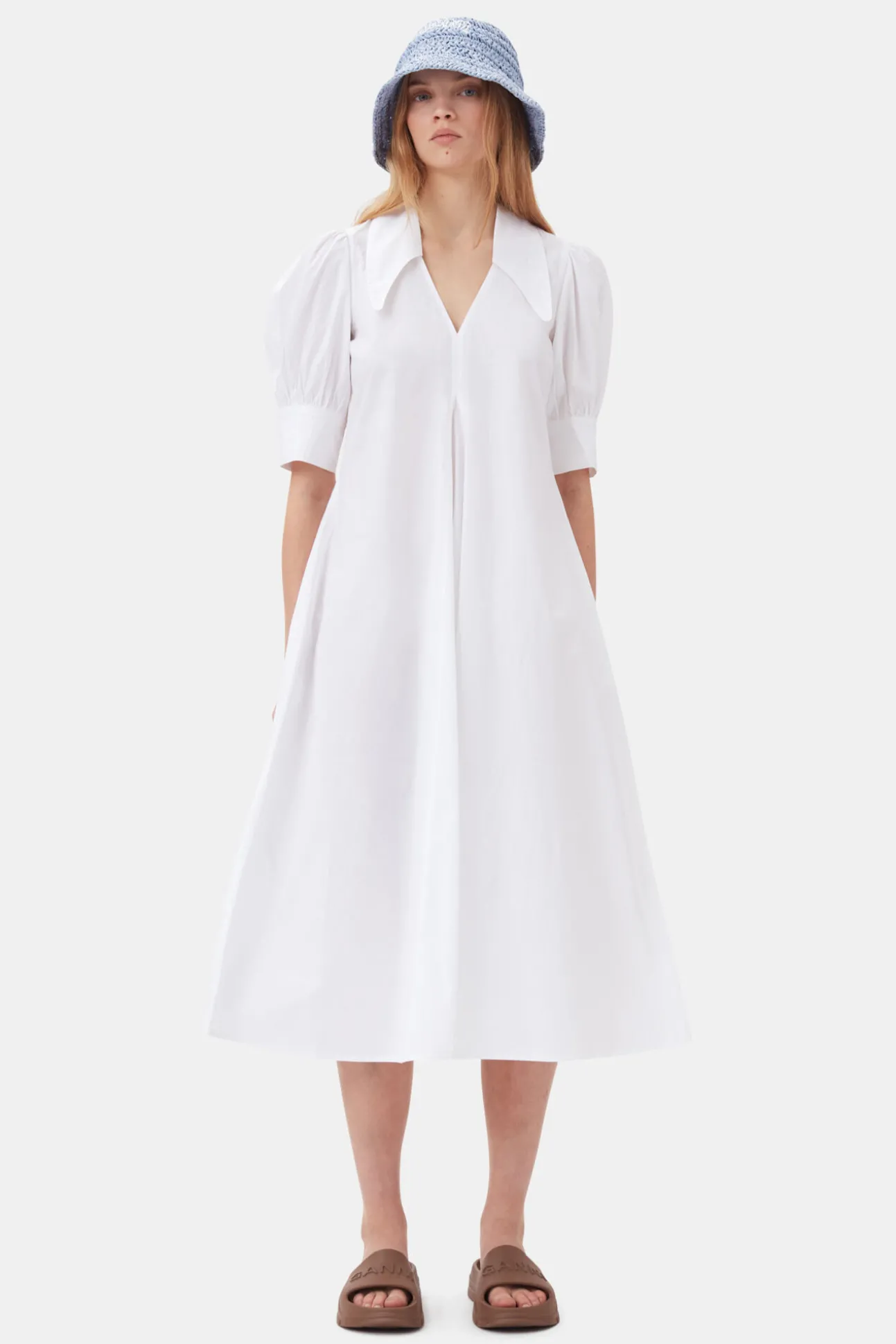 Outlet GANNI Midikleid Aus Popeline Bright White