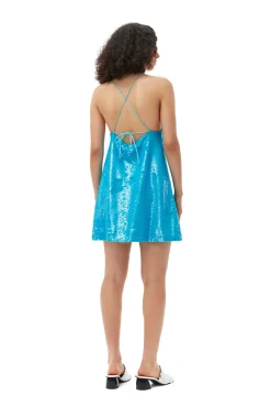 Hot GANNI Mini-Tragerkleid Mit Blauen Pailletten Blue Curacao