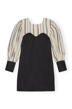 Cheap GANNI Mix Slub Stripe Puff Sleeve Mini Dress Lily Green