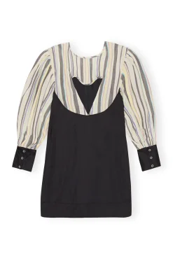 Cheap GANNI Mix Slub Stripe Puff Sleeve Mini Dress Lily Green