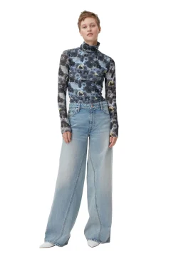 Online GANNI Orange Bedruckter Rollkragenpullover Aus Mesh Mit Langen Armeln Brunnera Blue