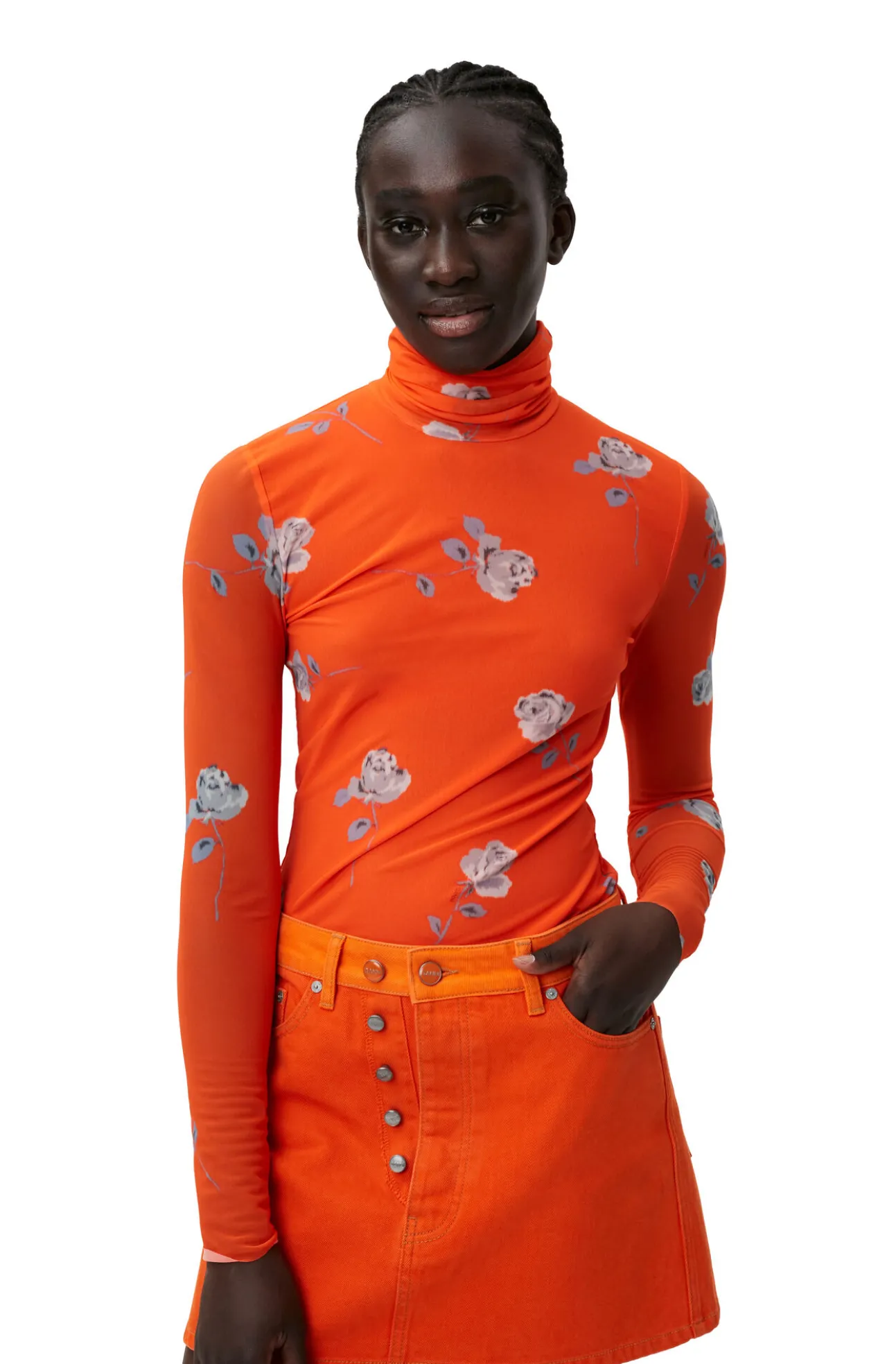 Fashion GANNI Orange Bedruckter Rollkragenpullover Aus Mesh Mit Langen Armeln Orangeade