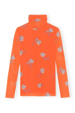 Fashion GANNI Orange Bedruckter Rollkragenpullover Aus Mesh Mit Langen Armeln Orangeade
