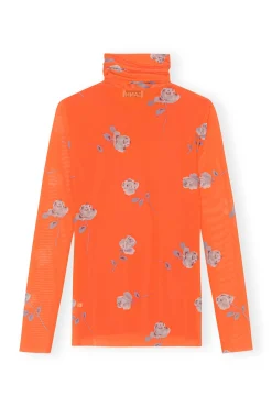 Fashion GANNI Orange Bedruckter Rollkragenpullover Aus Mesh Mit Langen Armeln Orangeade