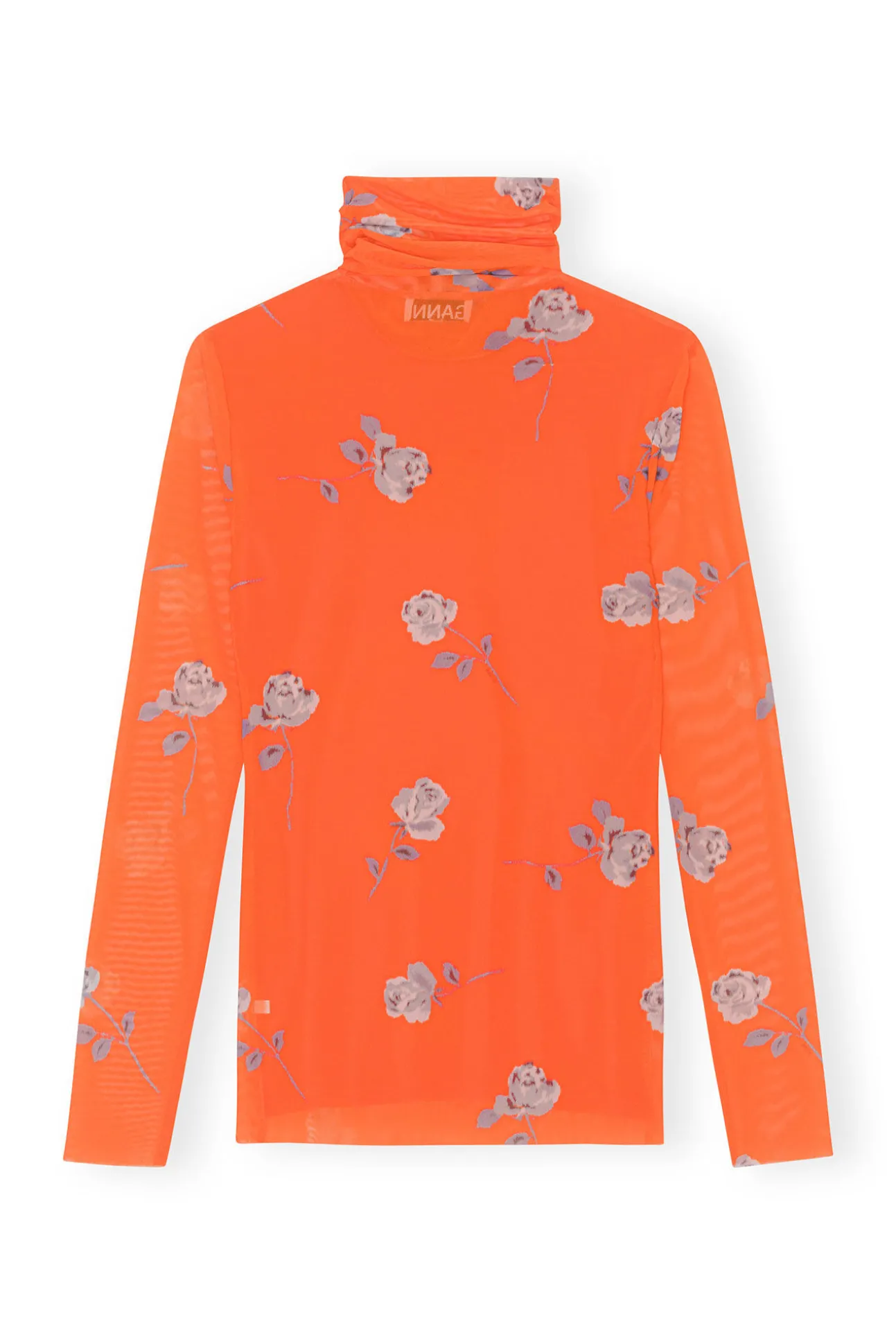 Fashion GANNI Orange Bedruckter Rollkragenpullover Aus Mesh Mit Langen Armeln Orangeade