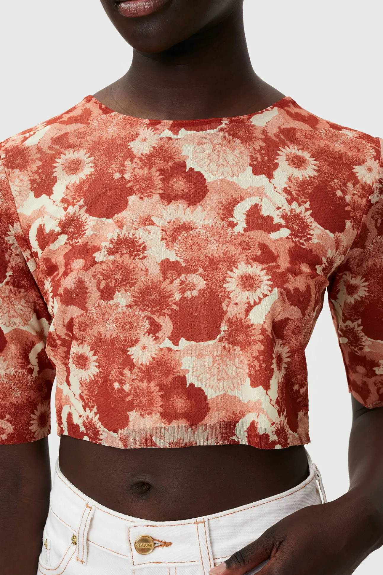 Online GANNI Orange Bedrucktes Crop-T-Shirt Aus Mesh Marsala