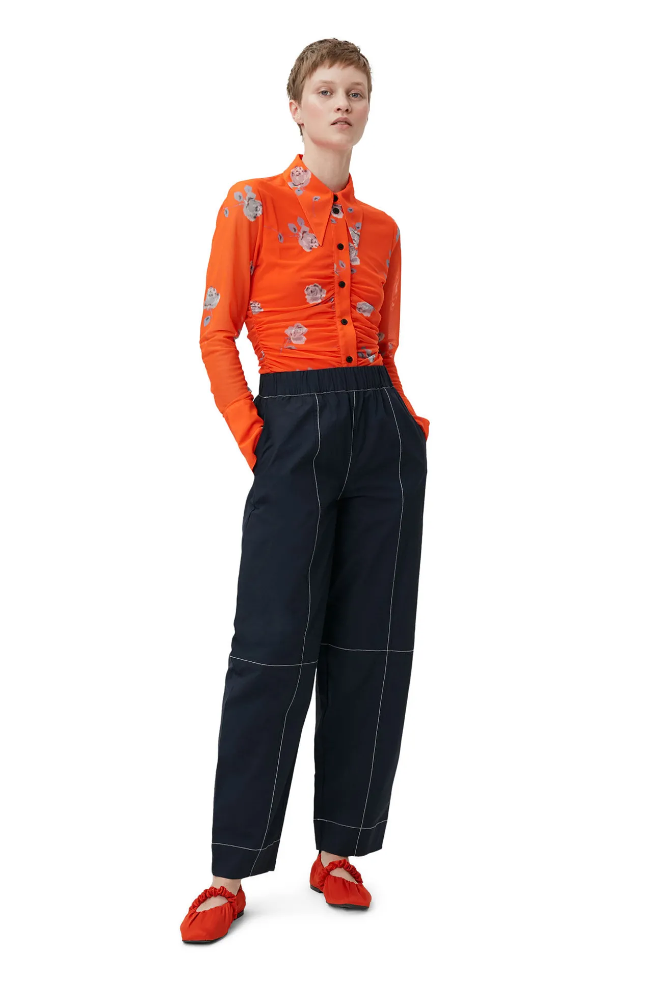 Online GANNI Orange Bedrucktes Ruschenhemd Aus Mesh Orangeade