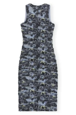 Cheap GANNI Orange Bedrucktes Ruschen-Midikleid Aus Mesh Brunnera Blue