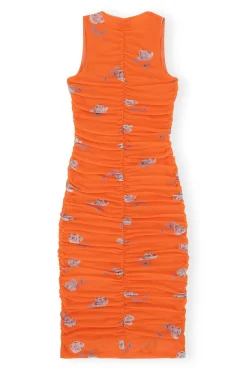 Hot GANNI Orange Bedrucktes Ruschen-Midikleid Aus Mesh Orangeade