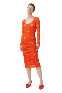 Best GANNI Oranges Ruschen-Midikleid Aus Mesh Orangeade