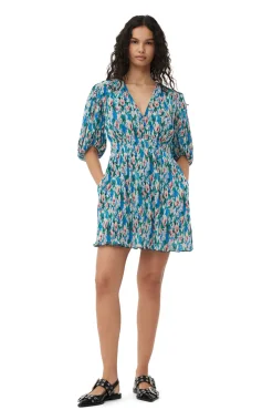 Sale GANNI Plissiertes Georgette-Minikleid Mit V-Ausschnitt Floral Azure Blue