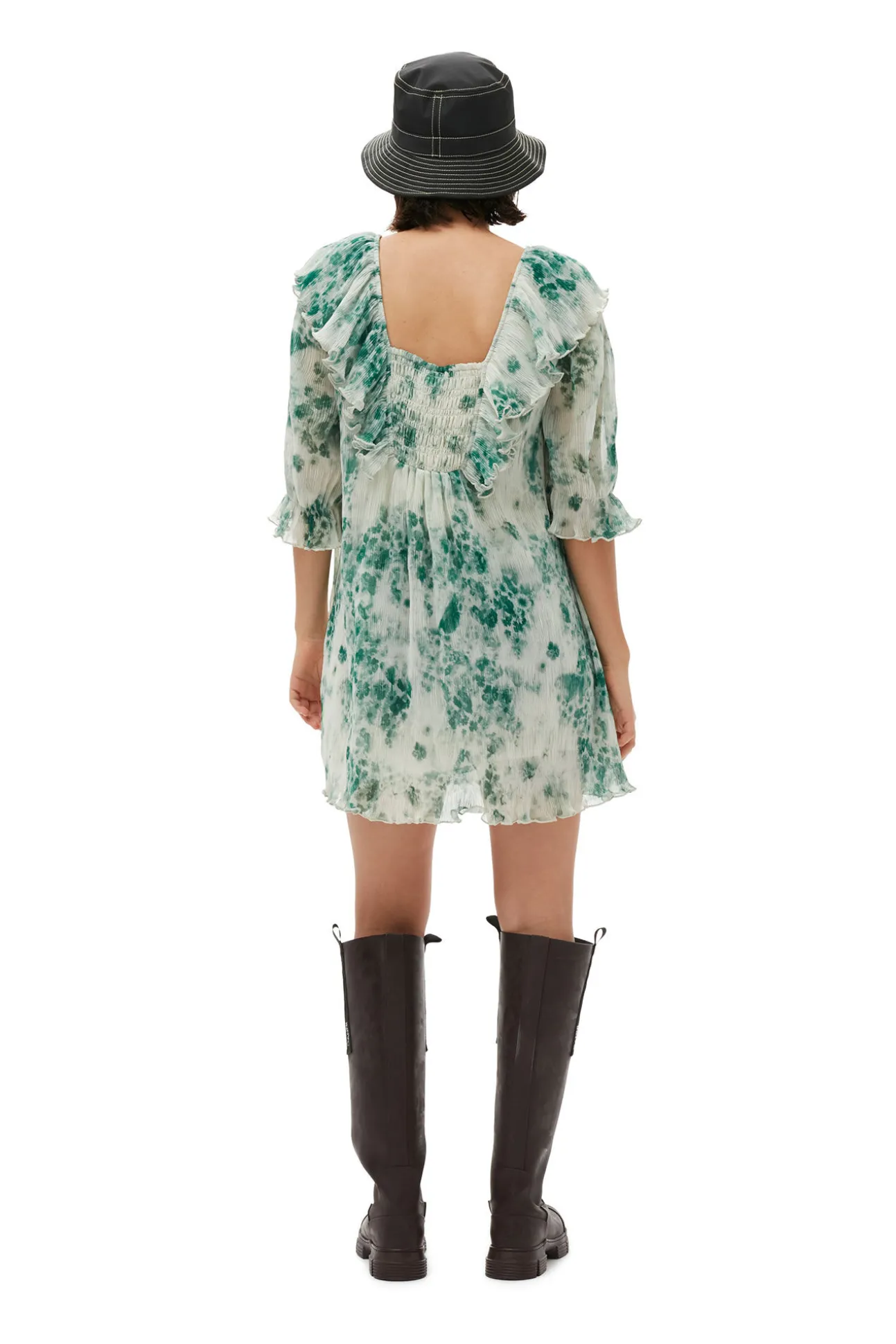 Fashion GANNI Plissiertes Georgette-Minikleid Mit Ruschen Egret