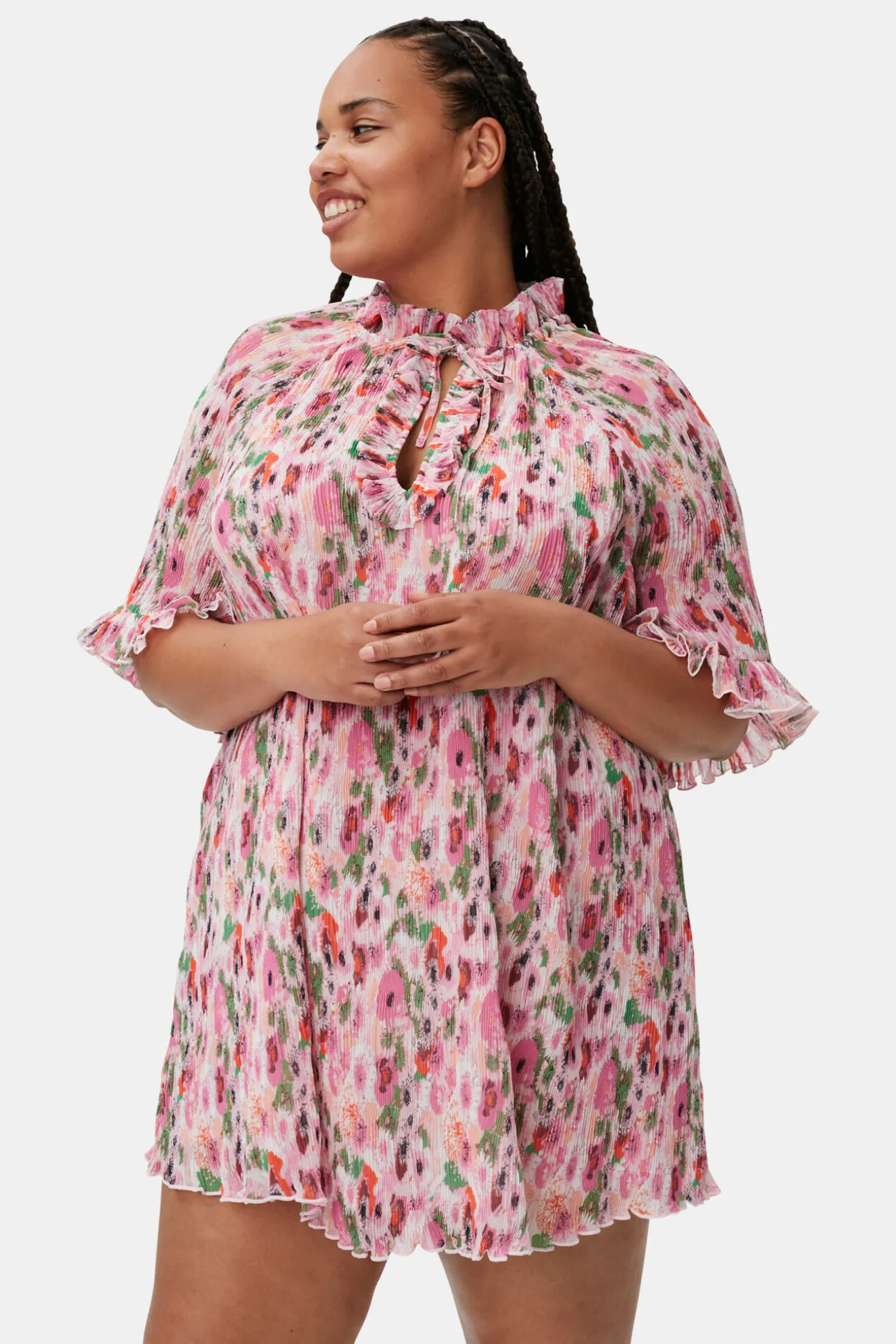 Sale GANNI Plissiertes Georgette-Minikleid Mit Ruschen Sugar Plum