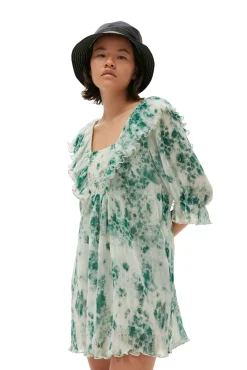 Fashion GANNI Plissiertes Georgette-Minikleid Mit Ruschen Egret