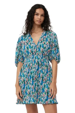 Sale GANNI Plissiertes Georgette-Minikleid Mit V-Ausschnitt Floral Azure Blue