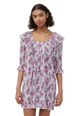 Outlet GANNI Plissiertes Georgette-Minikleid Mit Ruschen Mauve Chalk