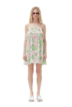 Hot GANNI Plissiertes Georgette-Minikleid Mit Tragern Pink Tulle