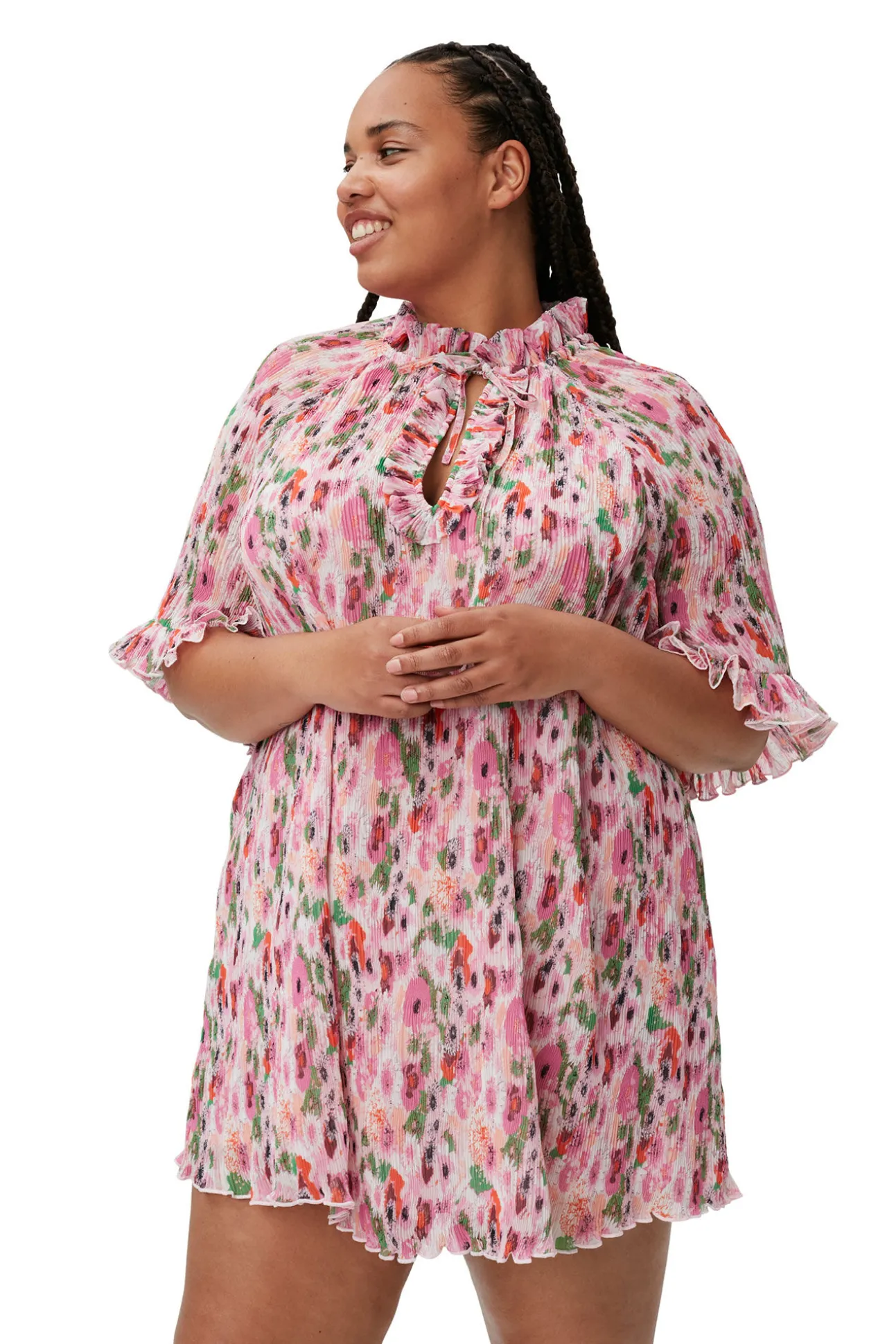 Sale GANNI Plissiertes Georgette-Minikleid Mit Ruschen Sugar Plum