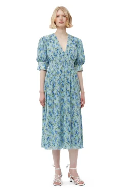 Cheap GANNI Plissiertes Und Gesmoktes Georgette-Midikleid Mit V-Ausschnitt Ice Water