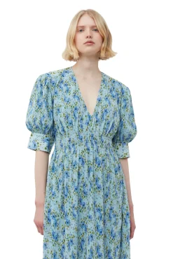 Cheap GANNI Plissiertes Und Gesmoktes Georgette-Midikleid Mit V-Ausschnitt Ice Water