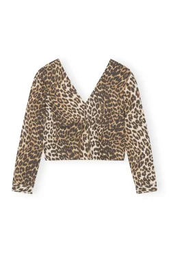 Sale GANNI Printed Cotton Rhythm Collar Blouse Big Leopard Almond Milk