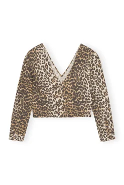 Sale GANNI Printed Cotton Rhythm Collar Blouse Big Leopard Almond Milk
