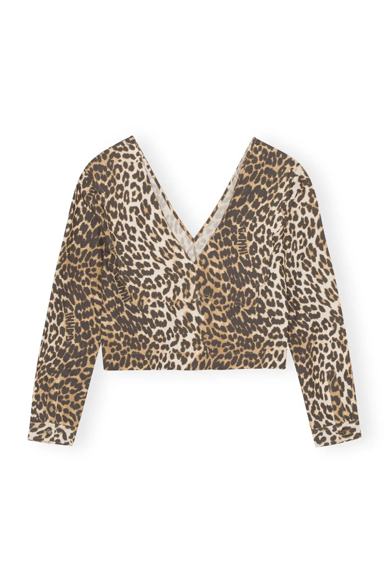 Sale GANNI Printed Cotton Rhythm Collar Blouse Big Leopard Almond Milk