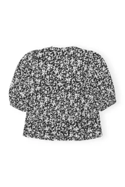 Online GANNI Printed Crepe Peplum Blouse Black