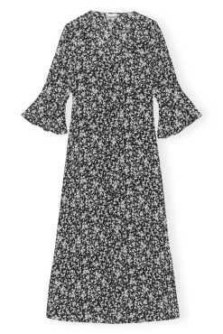Hot GANNI Printed Crepe U-Neck Long Dress Black