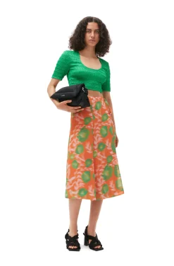 Best Sale GANNI Printed Light Crepe Wrap Skirt Vibrant Orange