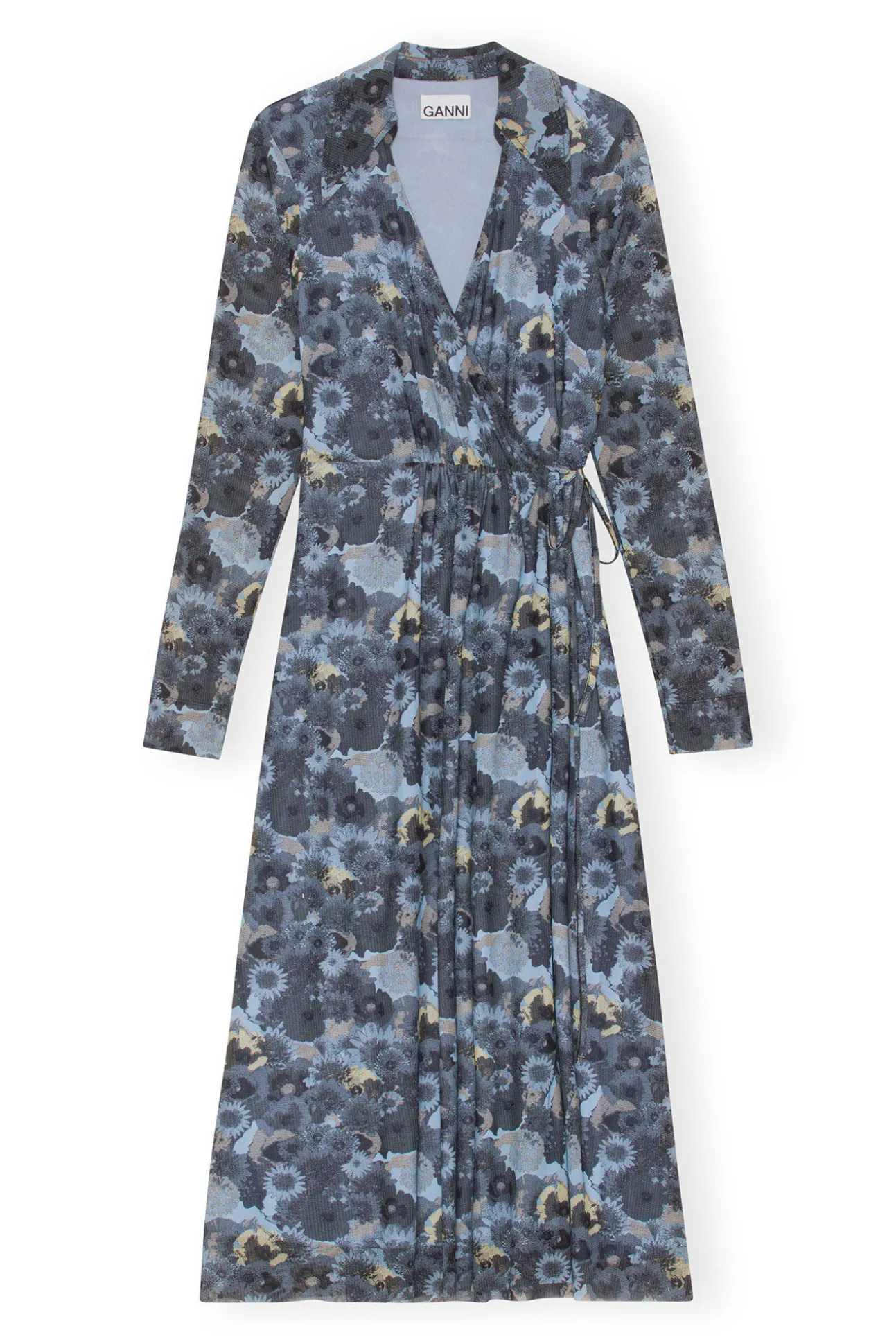 Best GANNI Printed Mesh Wrap Dress Brunnera Blue