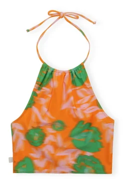 Cheap GANNI Recycled Printed Halter Bikini Top Vibrant Orange