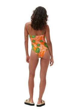 New GANNI Recycled Printed High Cut Swimsuit Vibrant Orange
