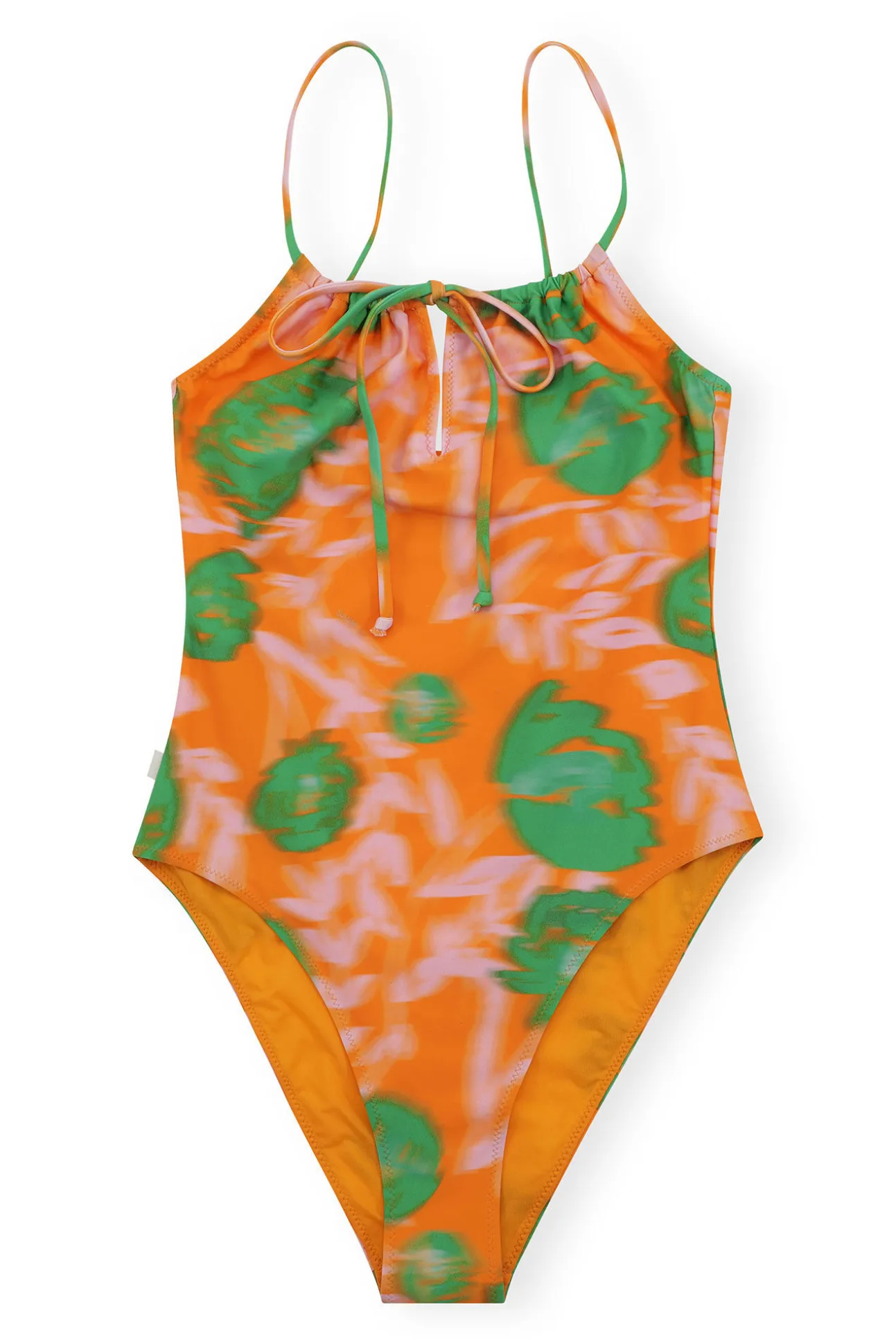New GANNI Recycled Printed High Cut Swimsuit Vibrant Orange