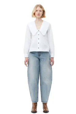 Clearance GANNI Ruschenkragenhemd Mit V-Ausschnitt Aus Cotton Poplin Bright White