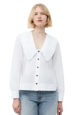 Clearance GANNI Ruschenkragenhemd Mit V-Ausschnitt Aus Cotton Poplin Bright White