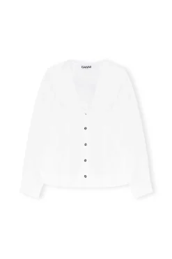 Clearance GANNI Ruschenkragenhemd Mit V-Ausschnitt Aus Cotton Poplin Bright White