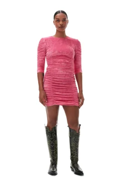New GANNI Samtkleid Mit O-Ausschnitt Shocking Pink