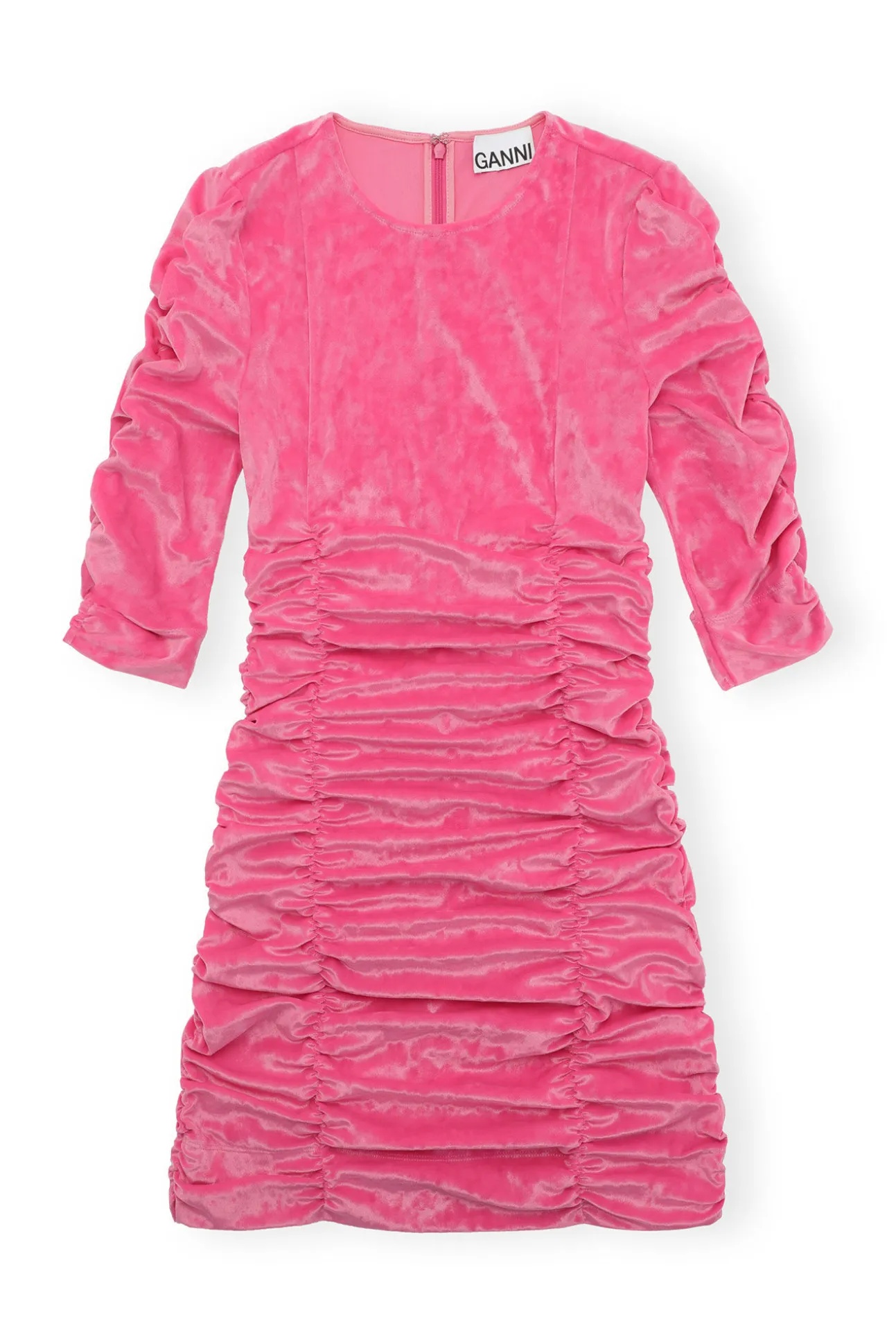 New GANNI Samtkleid Mit O-Ausschnitt Shocking Pink
