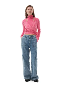 Shop GANNI Samt-Wickelbluse Shocking Pink