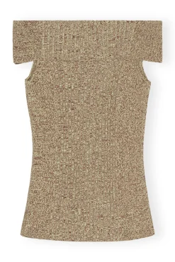 Fashion GANNI Schulterfreies Melange-Strick-Oberteil Brandy Brown
