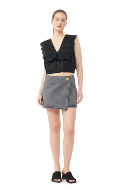 Hot GANNI Schwarz Gewaschener Wickel-Minirock Sharkskin