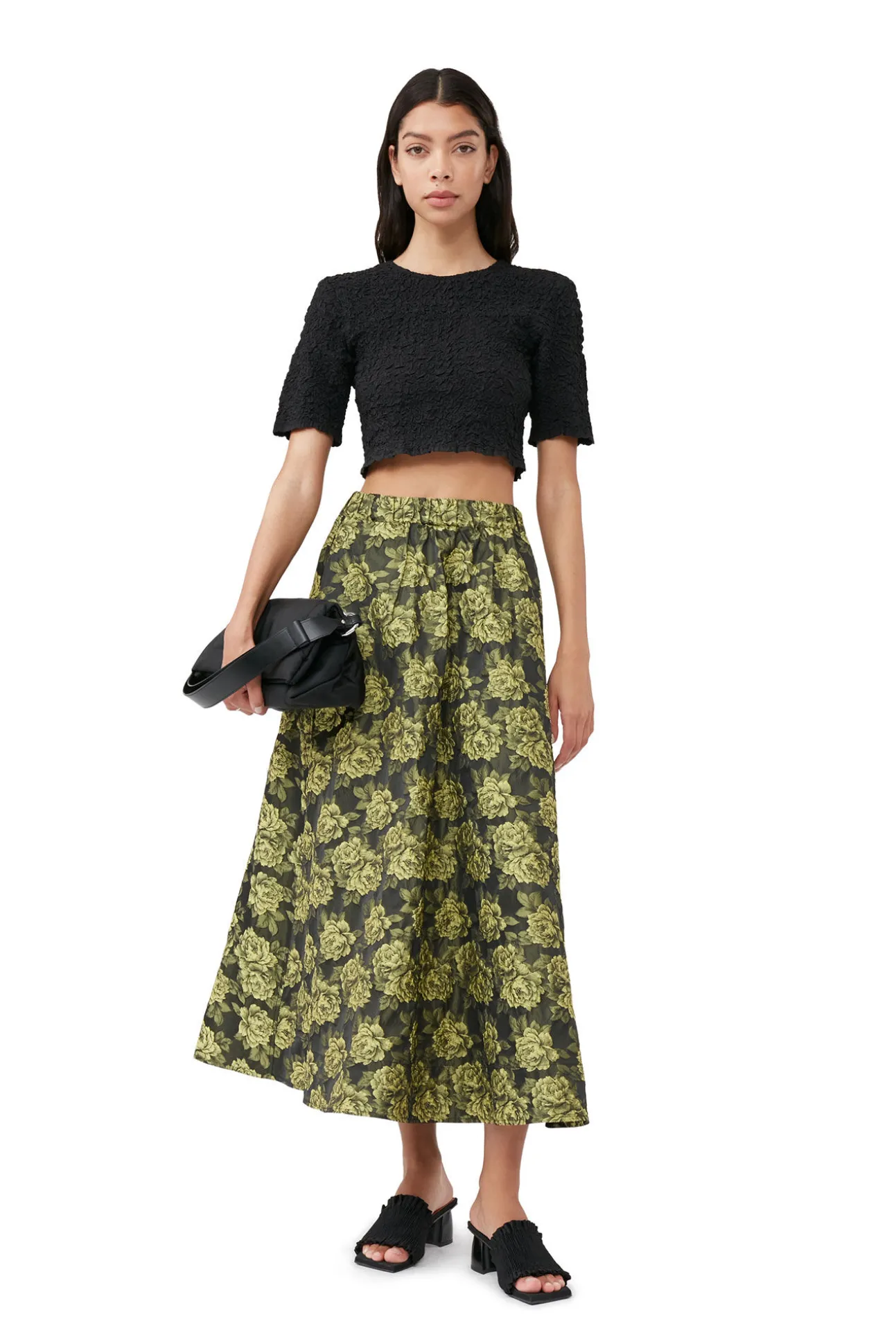 Sale GANNI Schwarzes Gesmoktes Crop-Top Mit O-Ausschnitt Aus Cotton Poplin Black