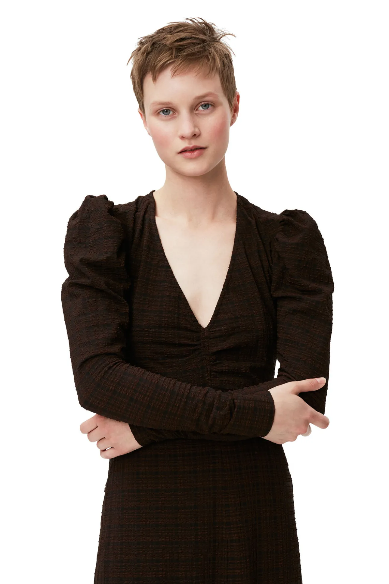 Fashion GANNI Seersucker-Maxikleid Mit V-Ausschnitt Chicory Coffee