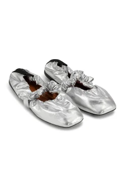 Cheap GANNI Silberne Scrunchie-Ballerinas Mit Leicht Quadratischer Spitze Silver