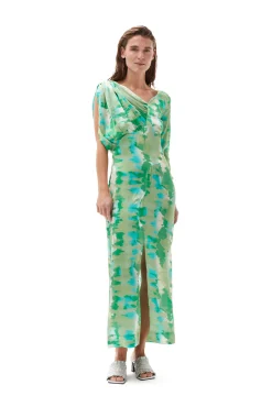Clearance GANNI Silk-Stretch-Satin Maxikleid Lily Green