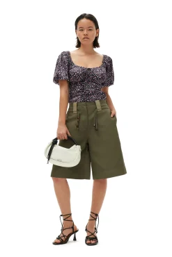 Shop GANNI Silk-Stretch-Satin-Bluse Mit Ruschen Black