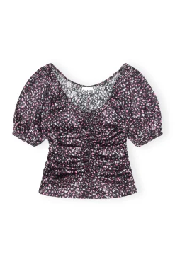 Shop GANNI Silk-Stretch-Satin-Bluse Mit Ruschen Black