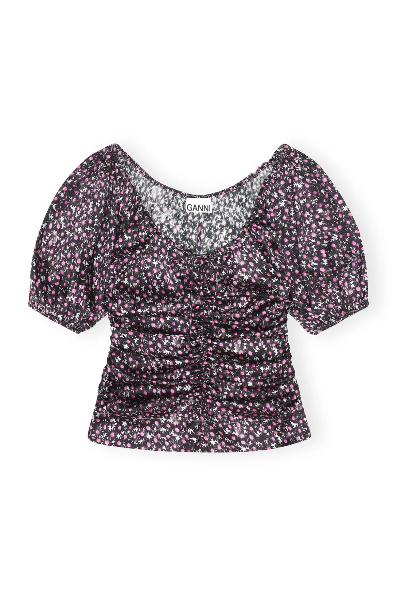 Shop GANNI Silk-Stretch-Satin-Bluse Mit Ruschen Black